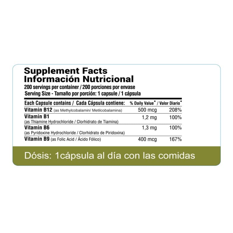 Vitamina B12 Plus 500mcg 200 cápsulas — información nutricional